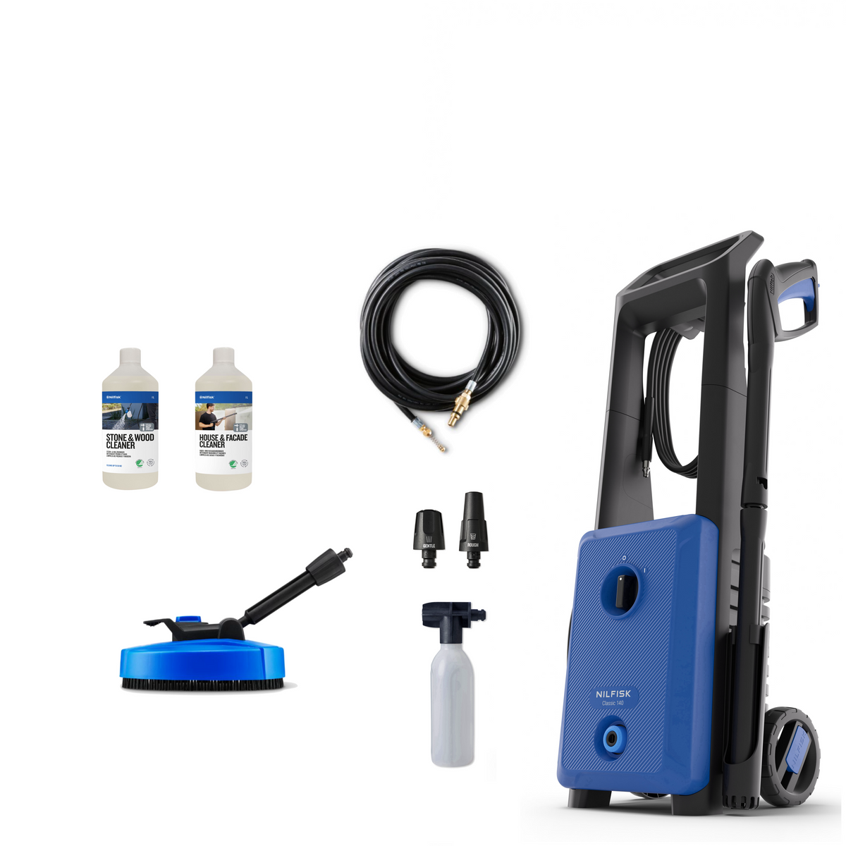 Blue and black pressure washer with textured front panel by Nilfisk, shown with accessories including spray nozzles, brush, hose, and cleaning solutions.