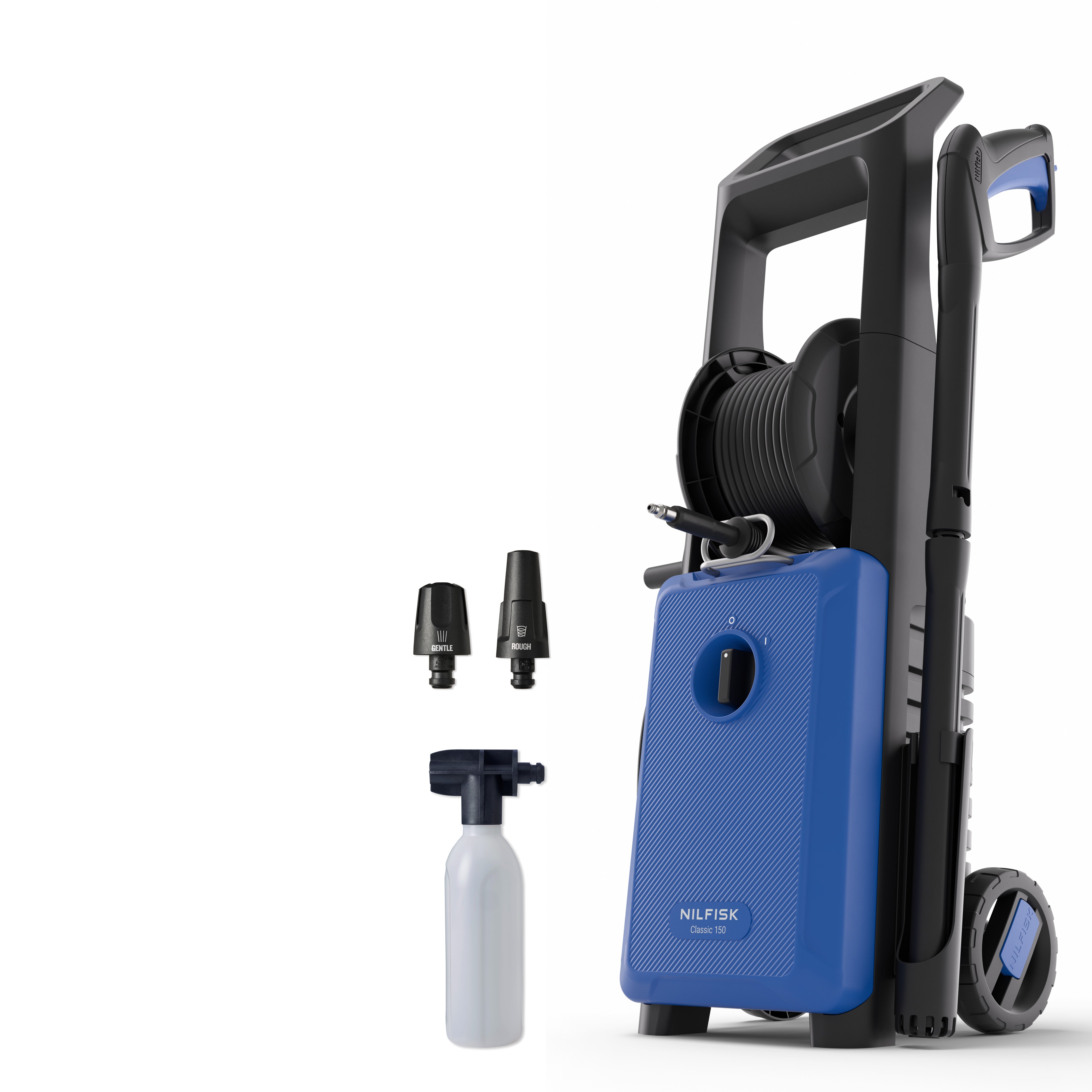 Blue and black high-pressure washer with textured panel and hose reel, by Nilfisk, shown with spray nozzles and detergent bottle, side view.