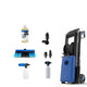 Blue and black high-pressure washer with textured body, hose reel, and accessories by Nilfisk, shown with cleaning nozzles, brush, and detergent bottle.