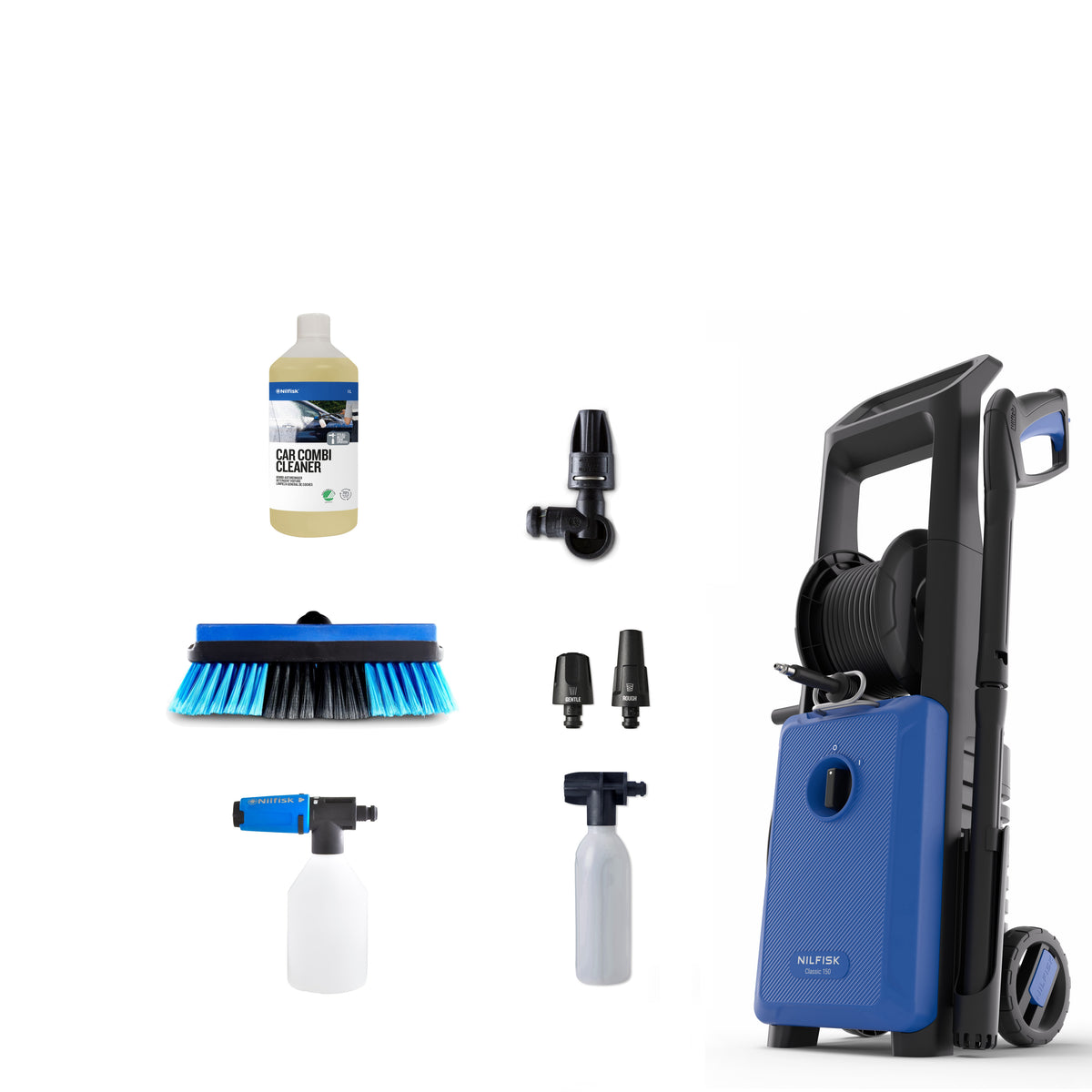 Blue and black high-pressure washer with textured body, hose reel, and accessories by Nilfisk, shown with cleaning nozzles, brush, and detergent bottle.