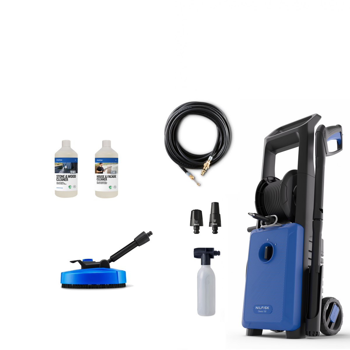 Blue and black high-pressure washer with textured body, hose reel, and accessories by Nilfisk, shown with cleaning nozzles, brush, detergent bottles, and spray bottle.