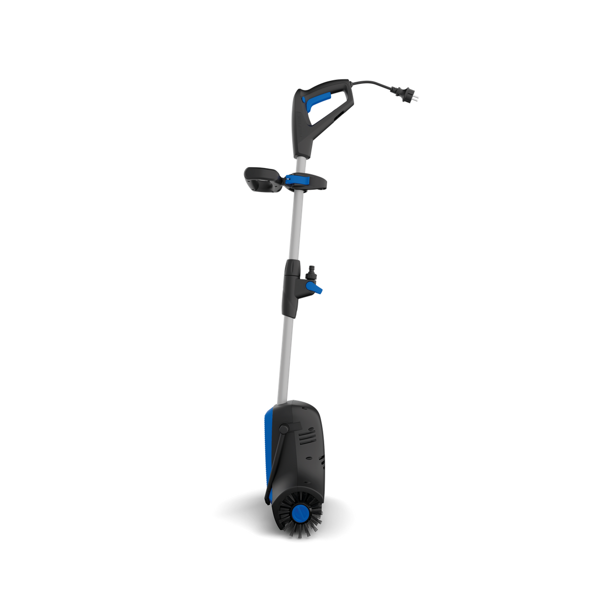 Black and blue electric terrace cleaner with rotating brush and telescopic handle, side view on white background