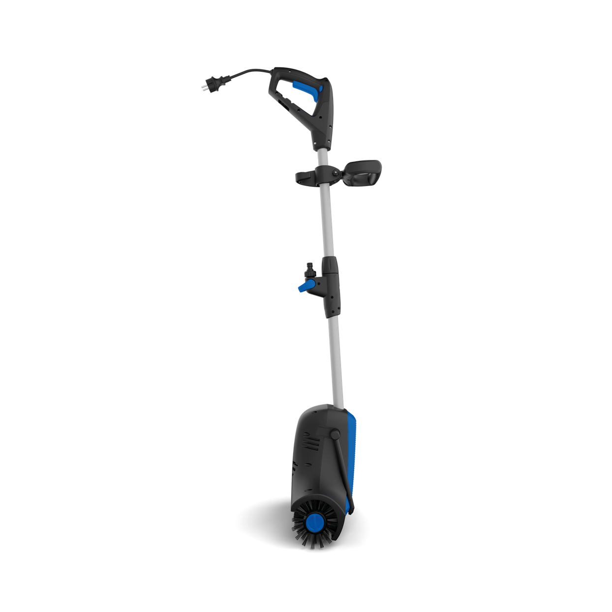 Black and blue electric terrace cleaner with adjustable handle and rotating brush, side view on white background