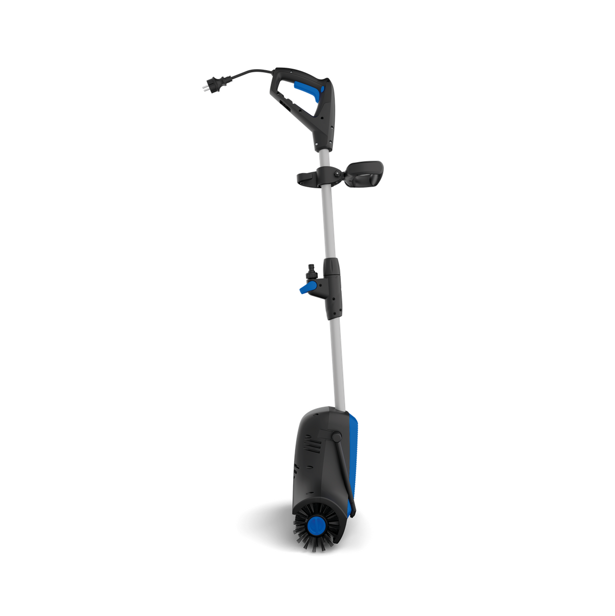 Black and blue electric terrace cleaner with adjustable handle and rotating brush, side view on white background