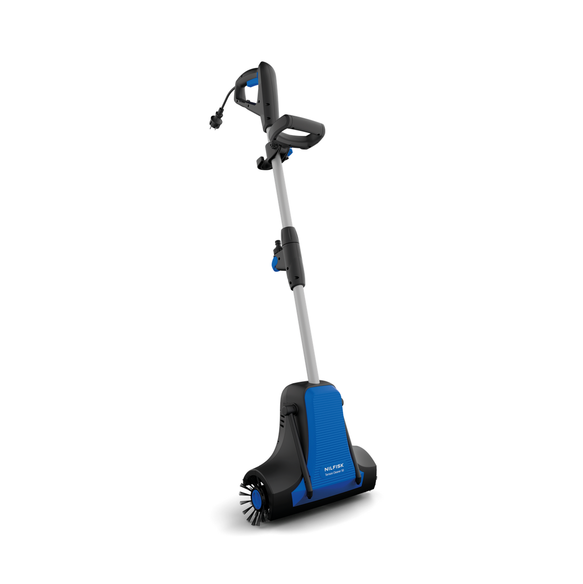 Blue and black electric terrace cleaner by Nilfisk with rotating brush, ergonomic handle, and power cord, side view on white background