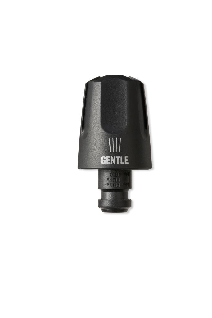 Black gentle pressure washer nozzle (C&C) with visible markings.