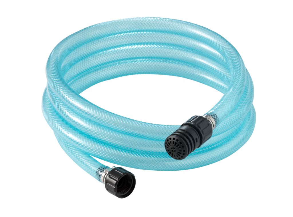 Clear blue inlet suction hose by UK, with black fittings at each end, coiled against a white background.
