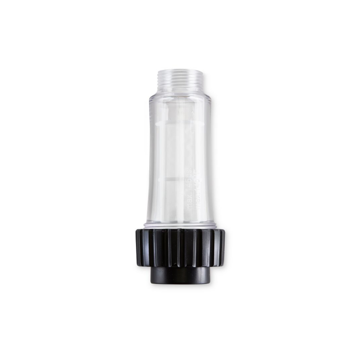 Clear water filter for pressure washers by unknown vendor, with a black ribbed base.