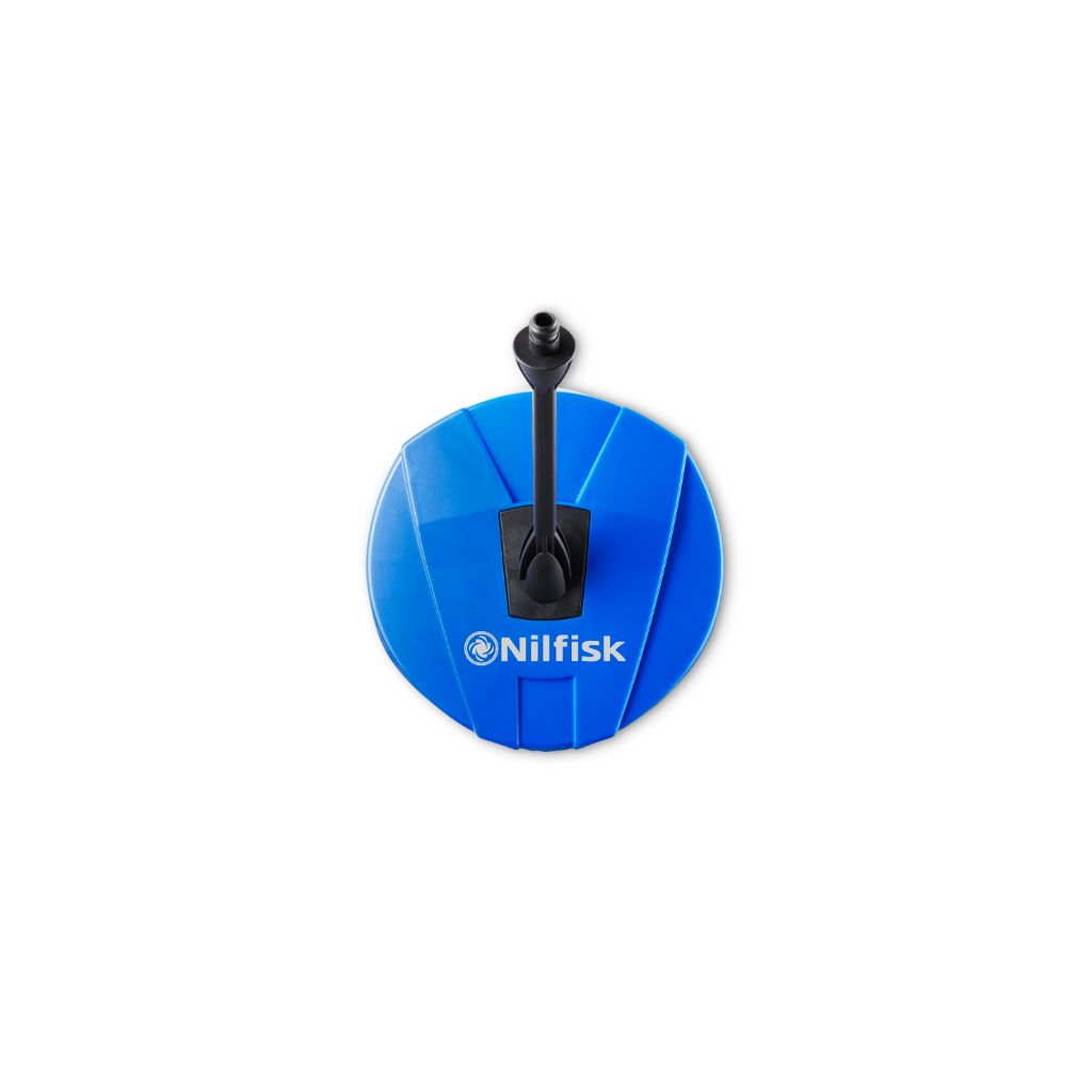 Blue patio cleaner by Nilfisk with a black spray nozzle on a white background.