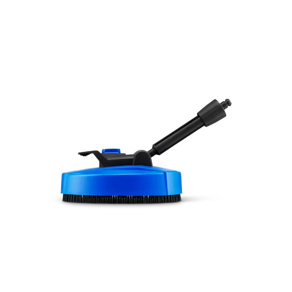 Blue patio cleaner for pressure washers from ES with black bristles and handle.