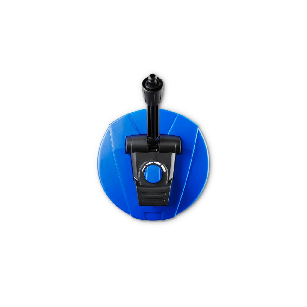 Blue mid patio cleaner by UK featuring a black control dial, overhead shot.