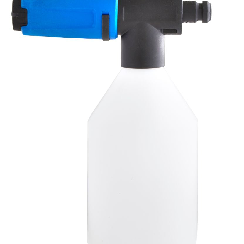 Foam sprayer for pressure washers by Nilfisk, with a translucent white reservoir.