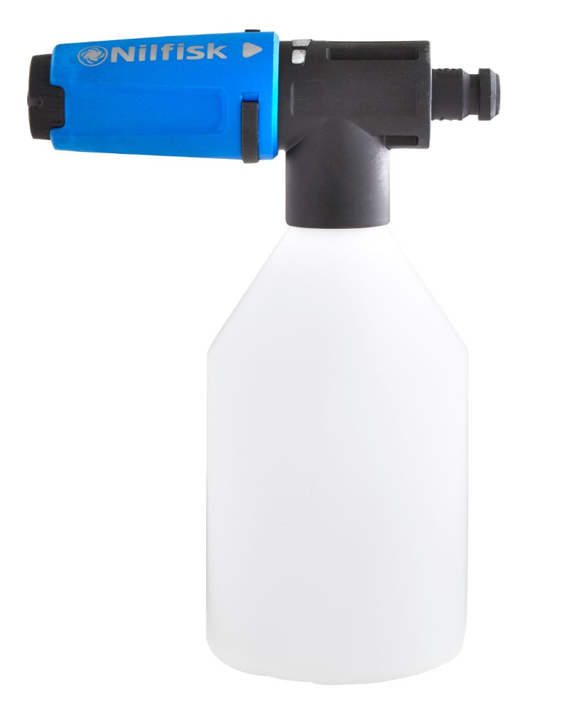 Foam sprayer with Click & Clean function by Nilfisk featuring a blue and black head attached to a white bottle.

