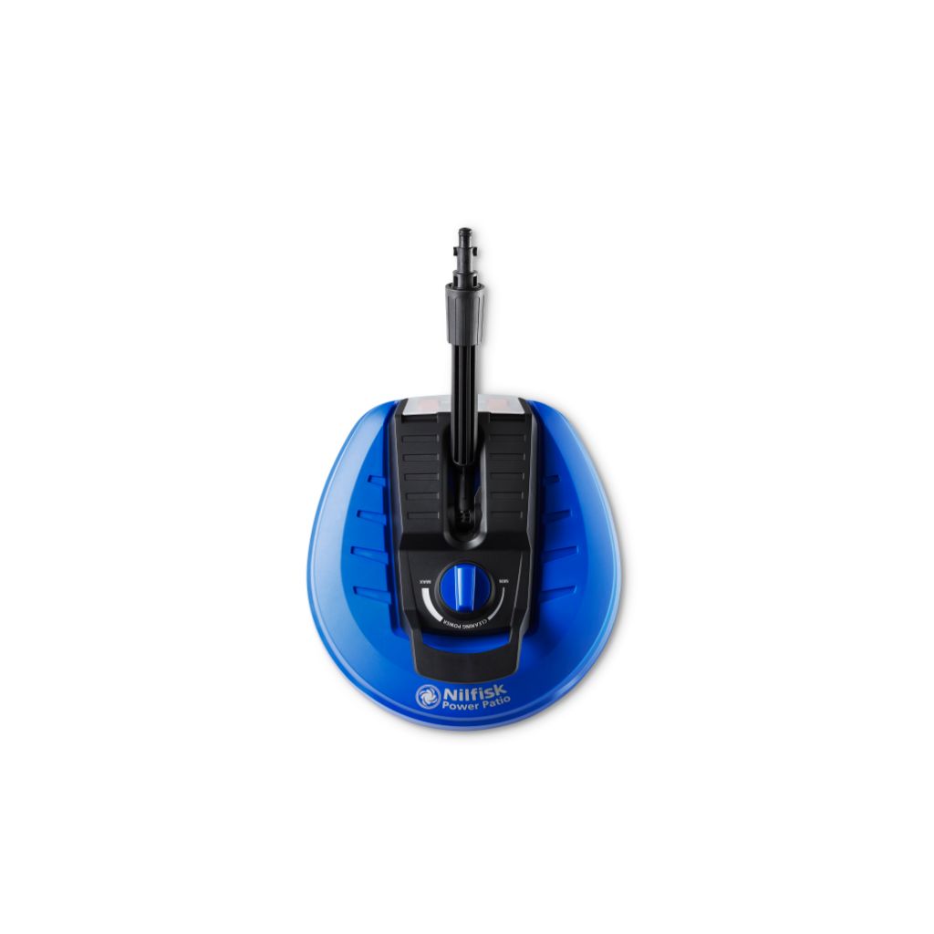 Blue power patio cleaner by Nilfisk with a black handle and a dial on the front.