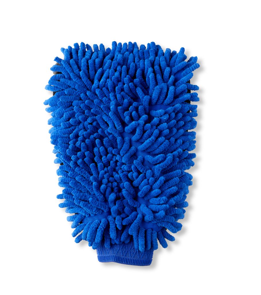 Blue washing glove by UK with chenille microfiber texture.
