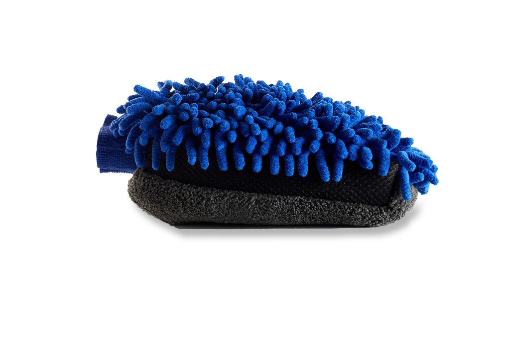 Blue washing glove by UK, featuring a chenille microfiber pile and black scrubbing side.