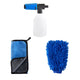 High-pressure cleaner kit by Nilfisk with blue foam sprayer, blue microfiber towel, and wash mitt.