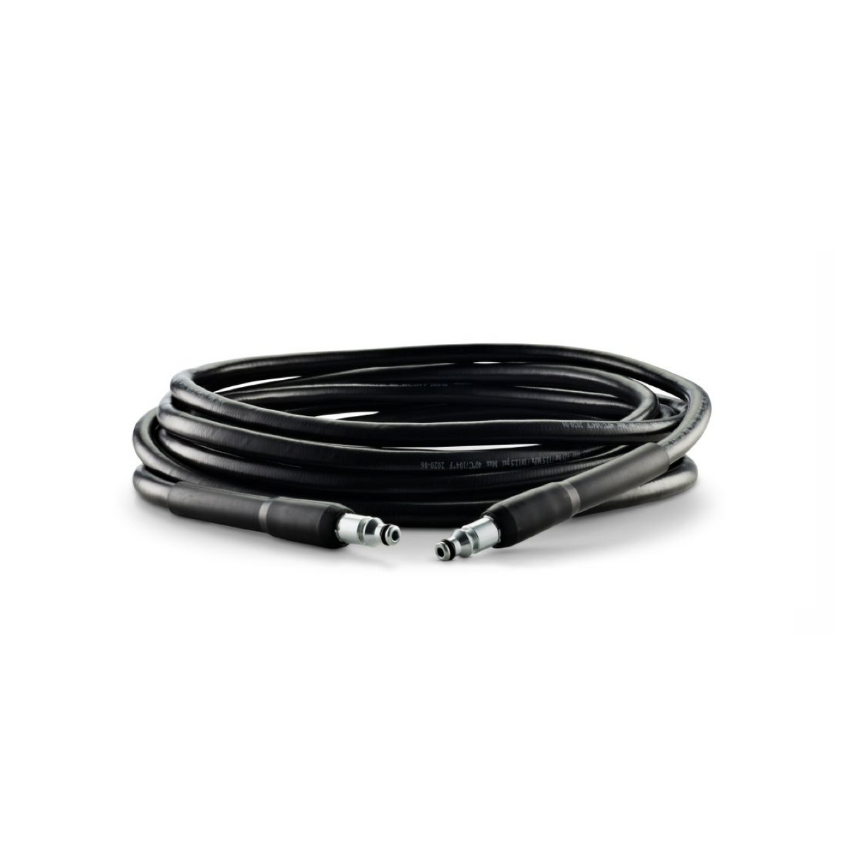 Black replacement pressure washer hose by Nilfisk, coiled and with silver metal fittings.