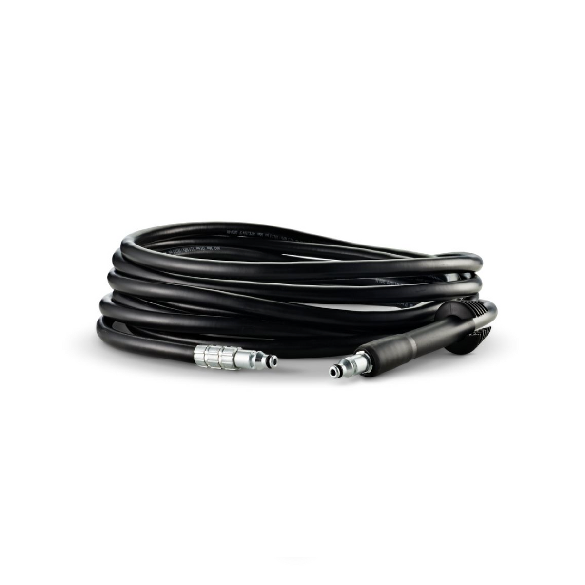 Black 6m hose for high pressure washer by UK, coiled and presented on a white background.
