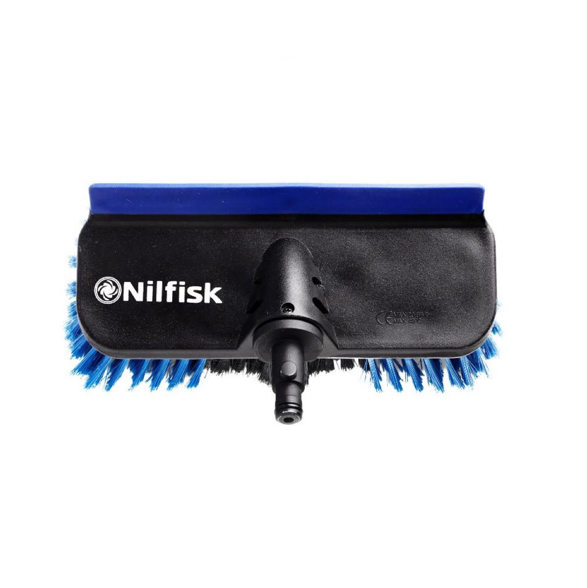 Blue and black car cleaning brush by Nilfisk with water flow fitting.