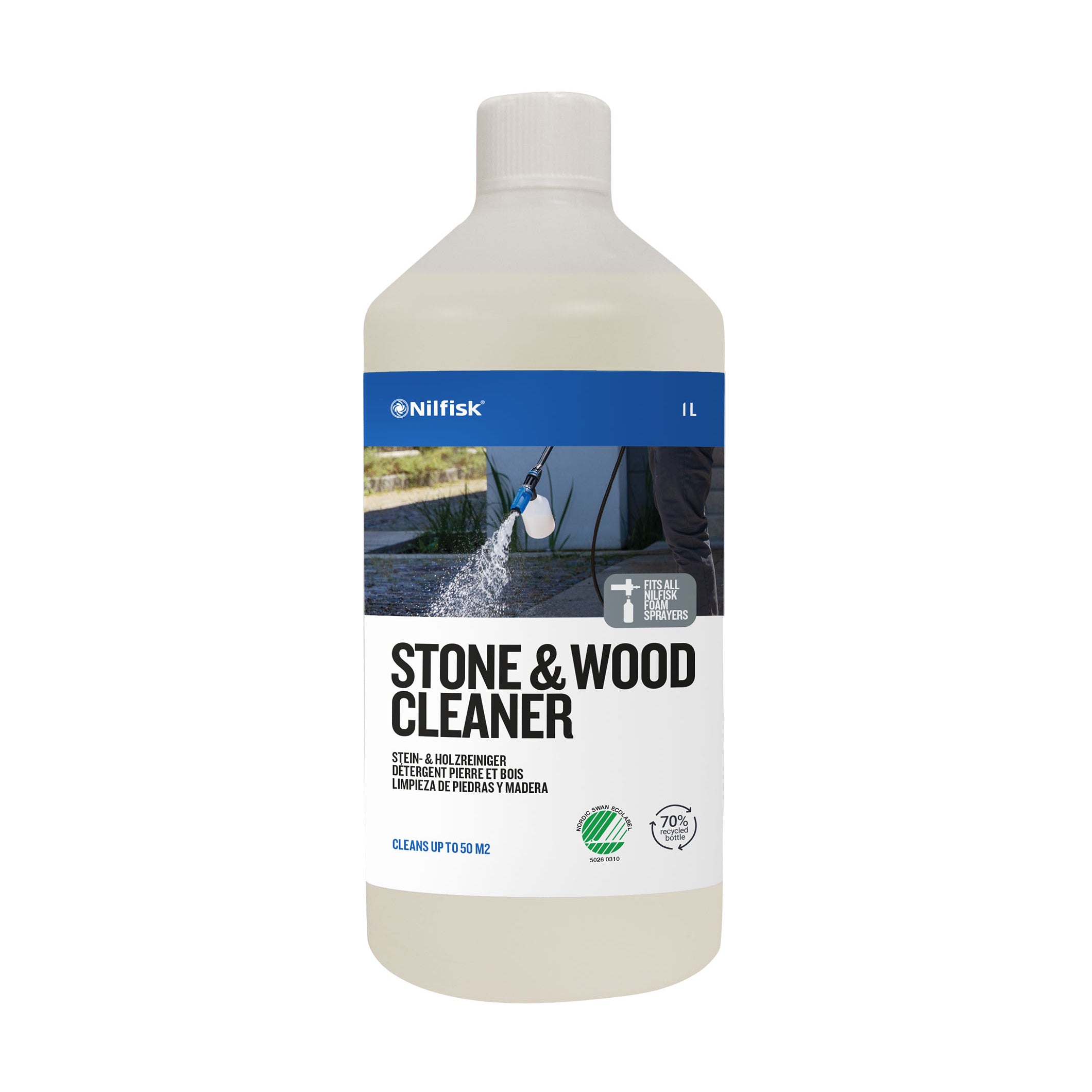 Stone and wood cleaner by Nilfisk in a white bottle, showing cleaning in action and a recycling symbol.