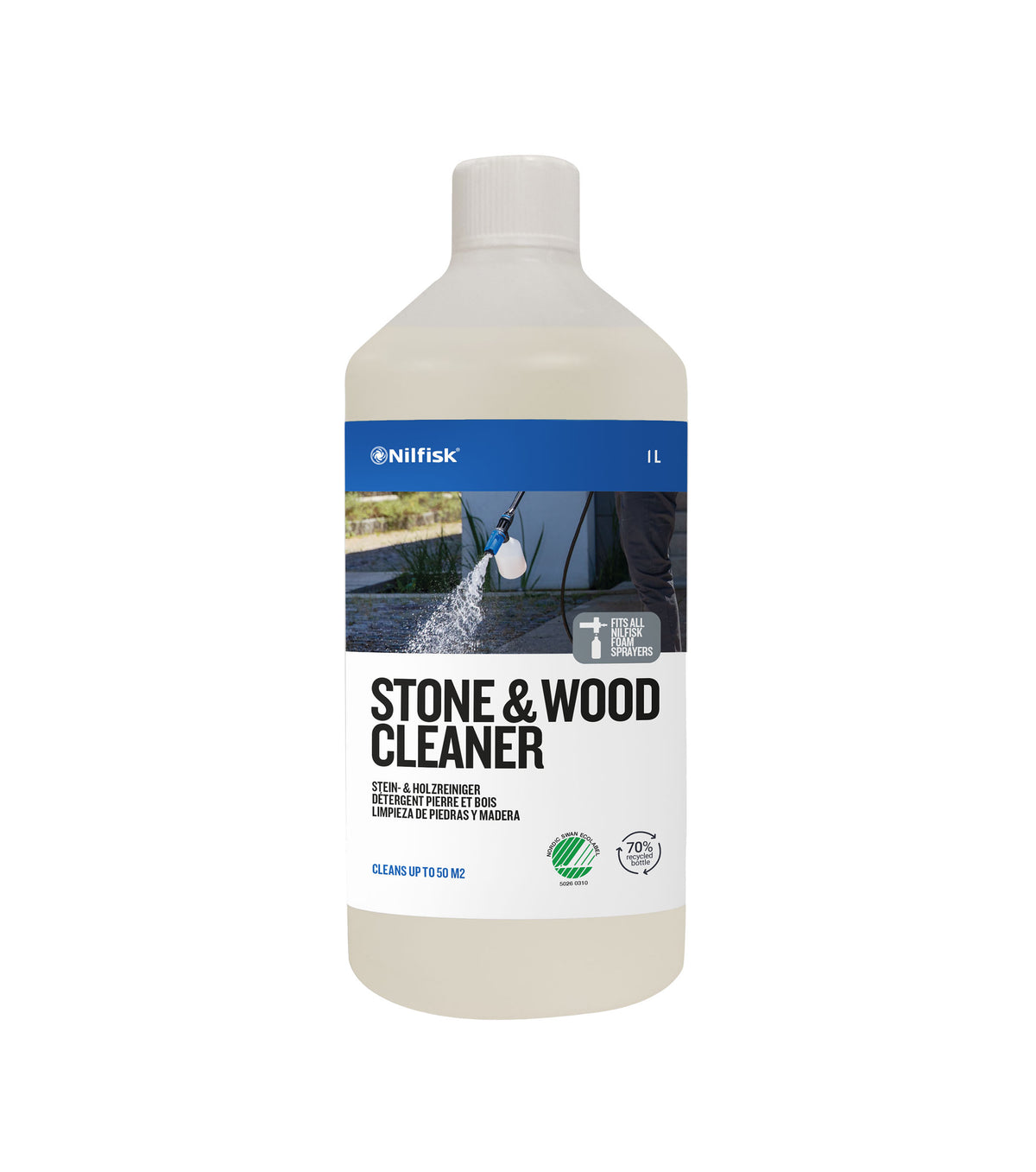 Stone and wood cleaner by Nilfisk in a white bottle, showing cleaning in action and a recycling symbol.