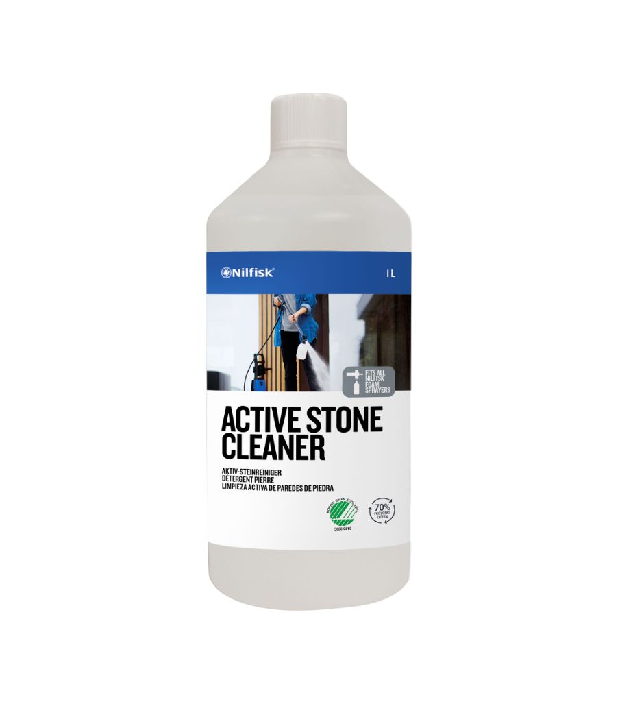 Stone cleaner by Nilfisk in a transparent bottle with blue and white label.