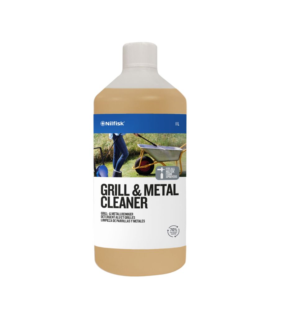 Grill and metal cleaner, by Nilfisk, shown in a clear bottle with a white cap.