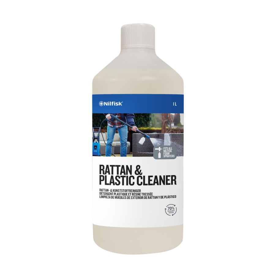 Bottle of rattan and plastic cleaner by Nilfisk, displaying cleaning instructions.