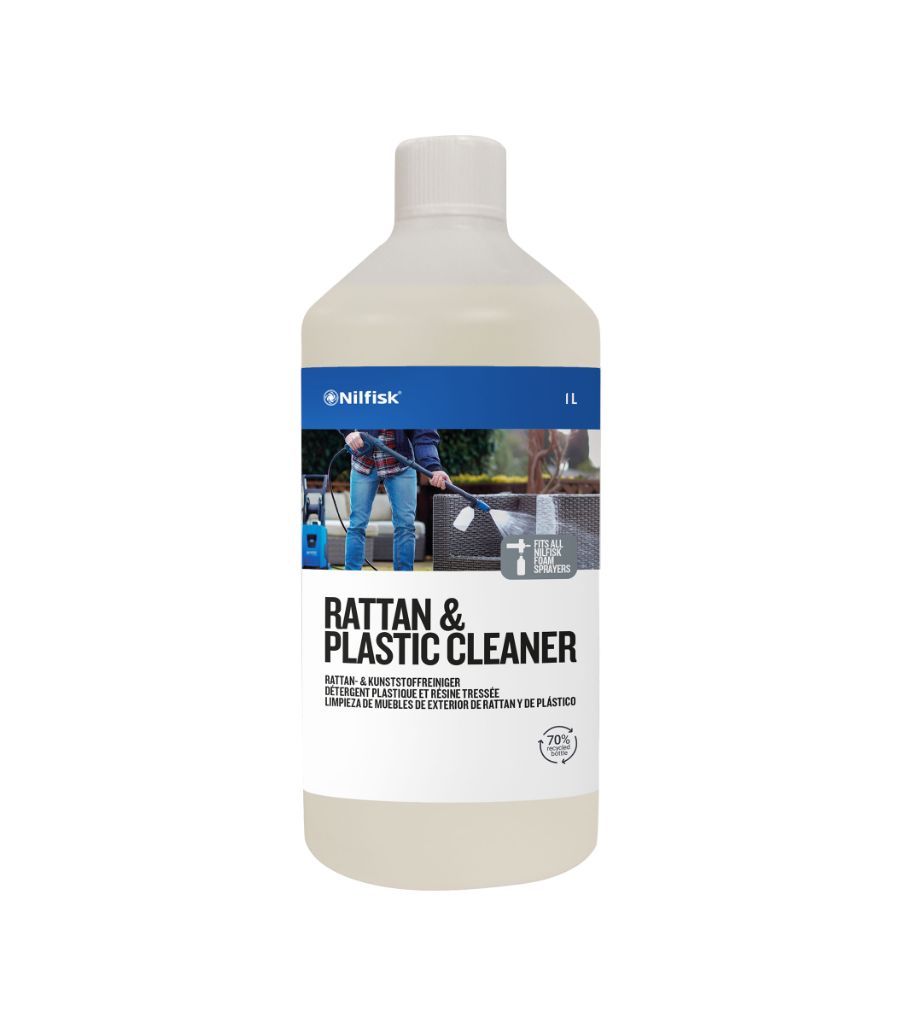 Bottle of rattan and plastic cleaner by Nilfisk, displaying cleaning instructions.