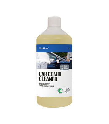 Car combi cleaner by Nilfisk in a clear bottle with white cap and blue label showing a car wash.