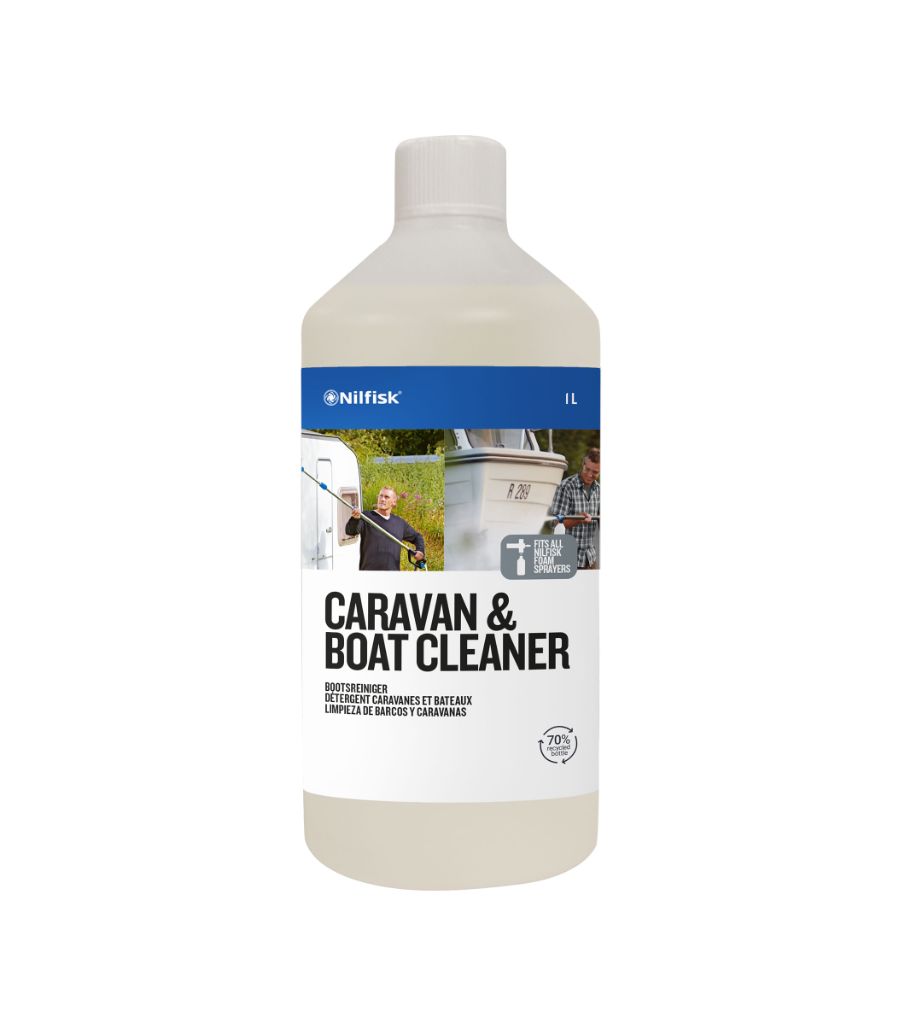 Caravan and boat cleaner by Nilfisk, featuring product usage images and displayed against a white background.
