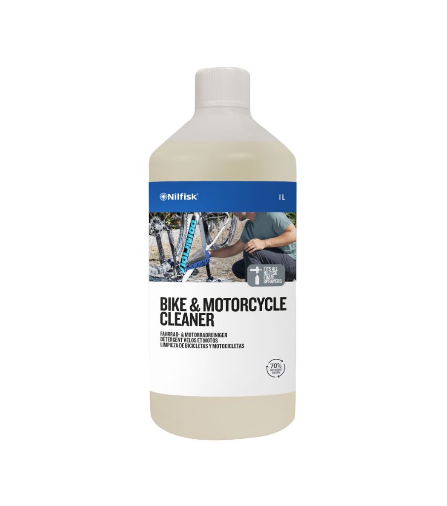 One liter bottle of bike and motorcycle cleaner by Nilfisk with a white label showing product information.
