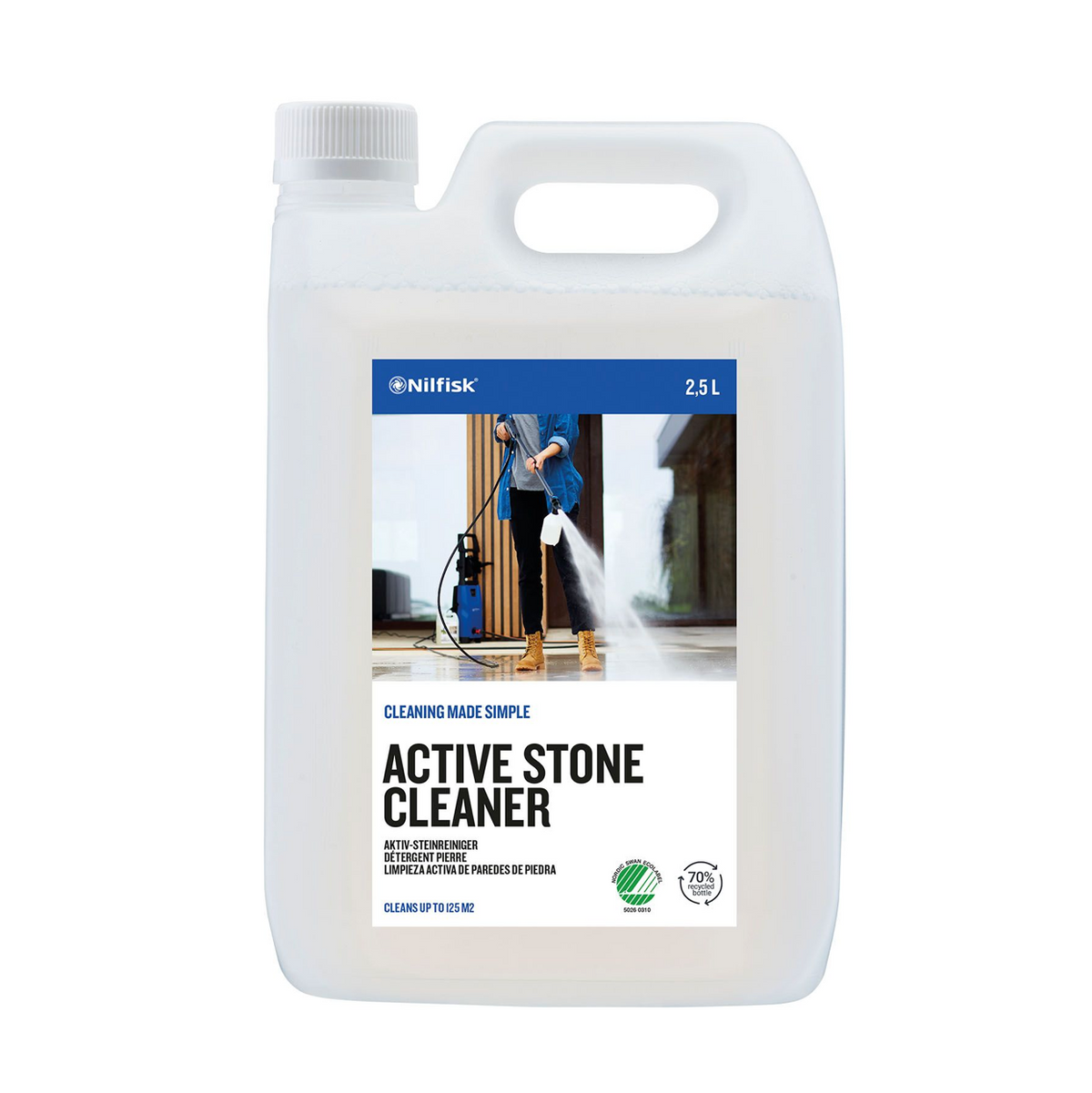 Active stone cleaner by Nilfisk in a white plastic jug with a person using a pressure washer in the label.
