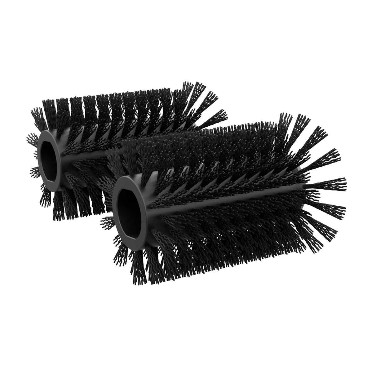 Black rough terrace cleaner brush with dense bristles and hexagonal core, side view, two units shown