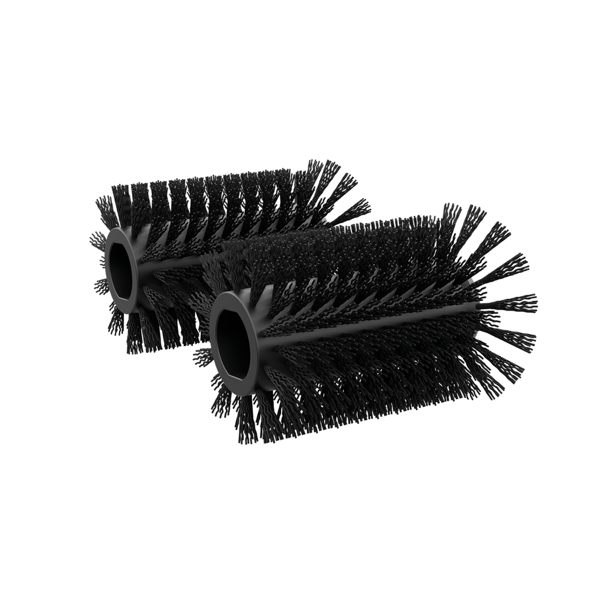 Black cylindrical terrace cleaner brush with dense bristles, side view, two units shown