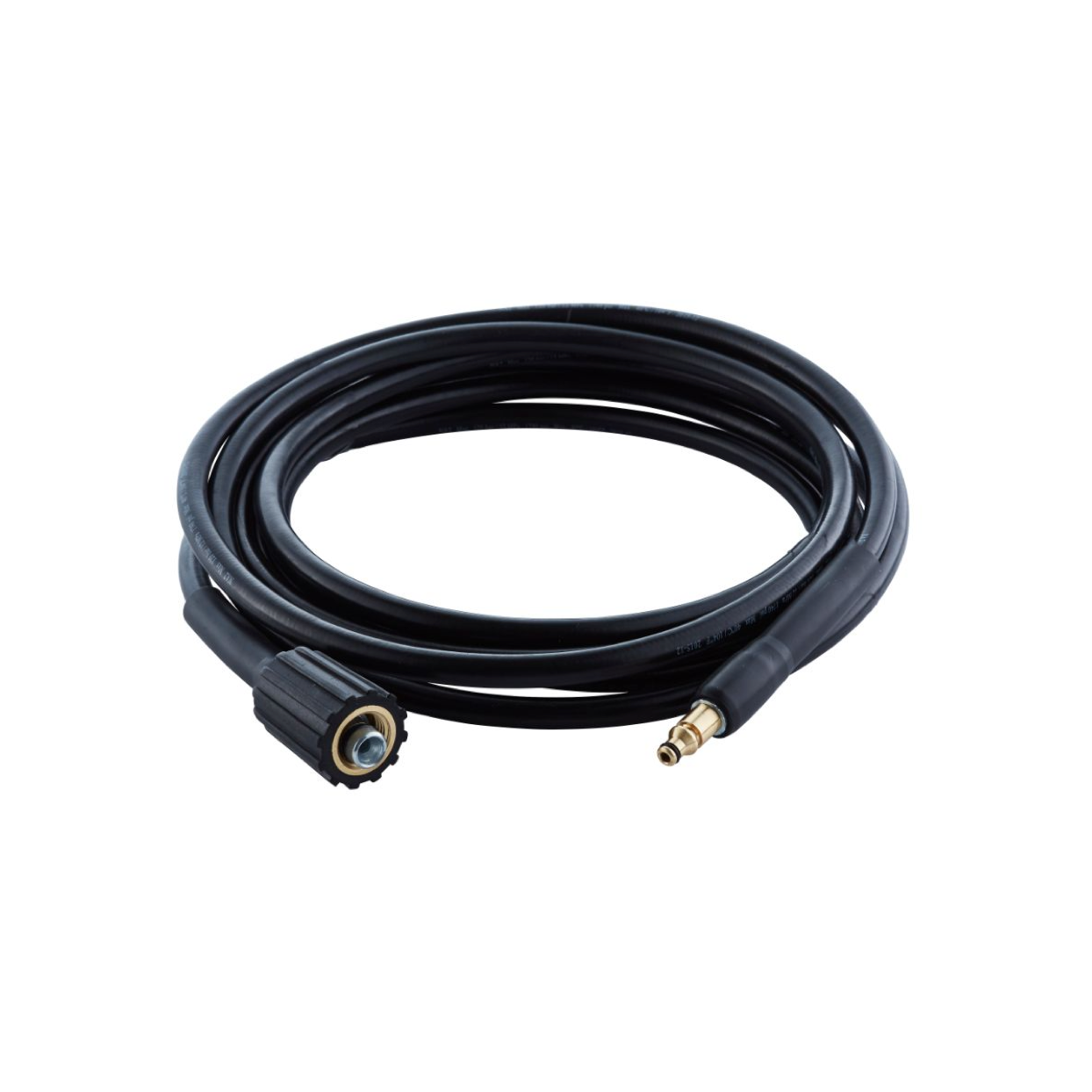 Black high-pressure washer hose, six meters long, from ES, coiled on a white background.
