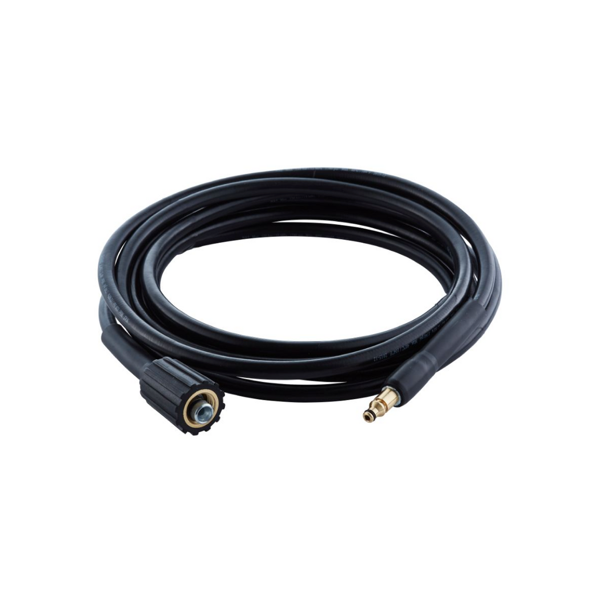 Black high-pressure washer hose, six meters long, from ES, coiled on a white background.
