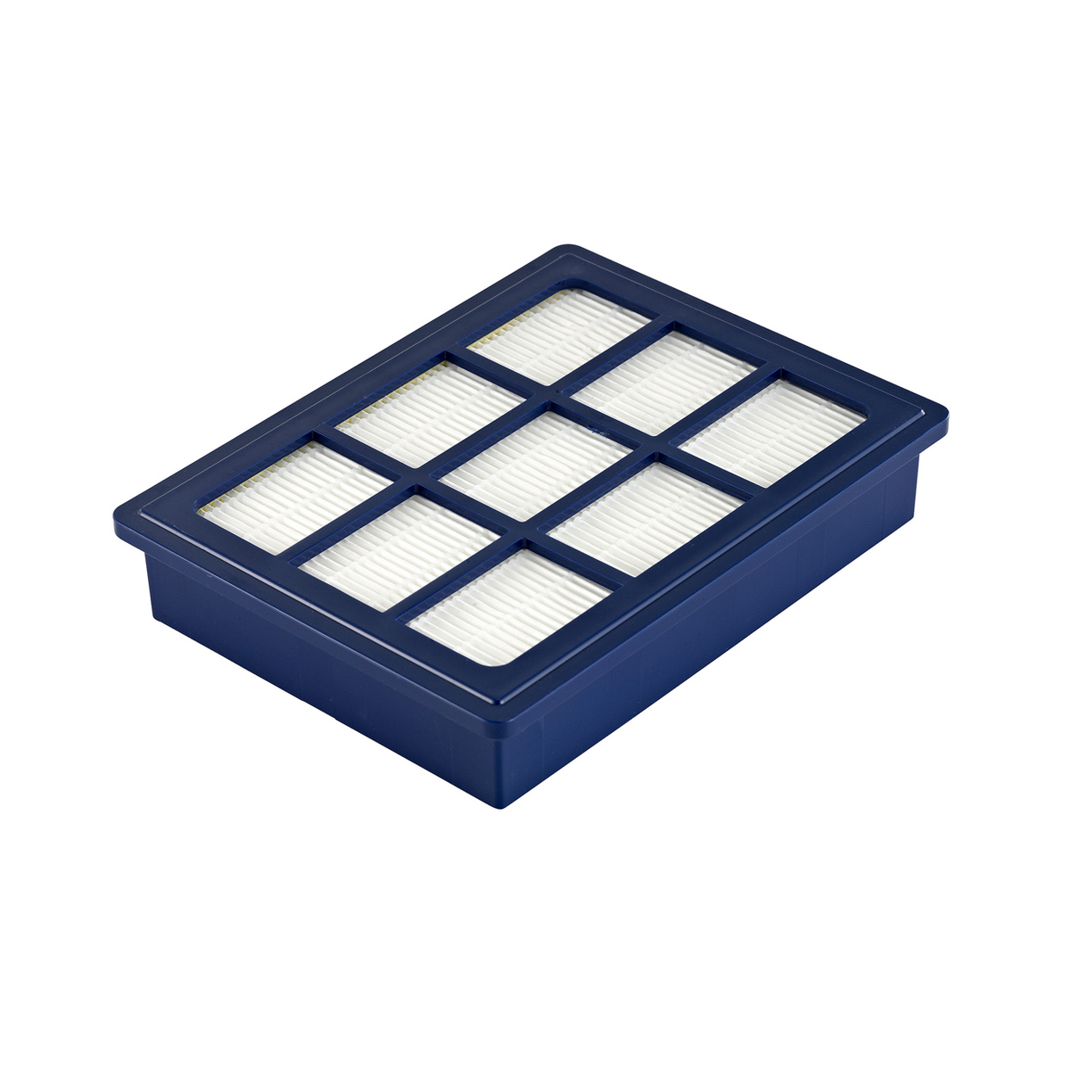 HEPA 13 filter for vacuum cleaners from ES, featuring a white filter in a dark blue plastic frame.
