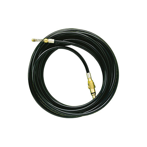 Black high-pressure washer from Nilfisk, coiled and featuring brass connectors.