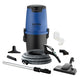 Blue and black central vacuum cleaner by Nilfisk with hose and multiple attachments.