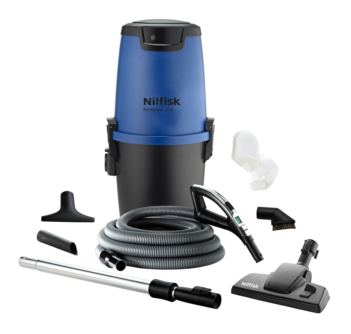 Blue and black central vacuum cleaner by Nilfisk with hose and multiple attachments.
