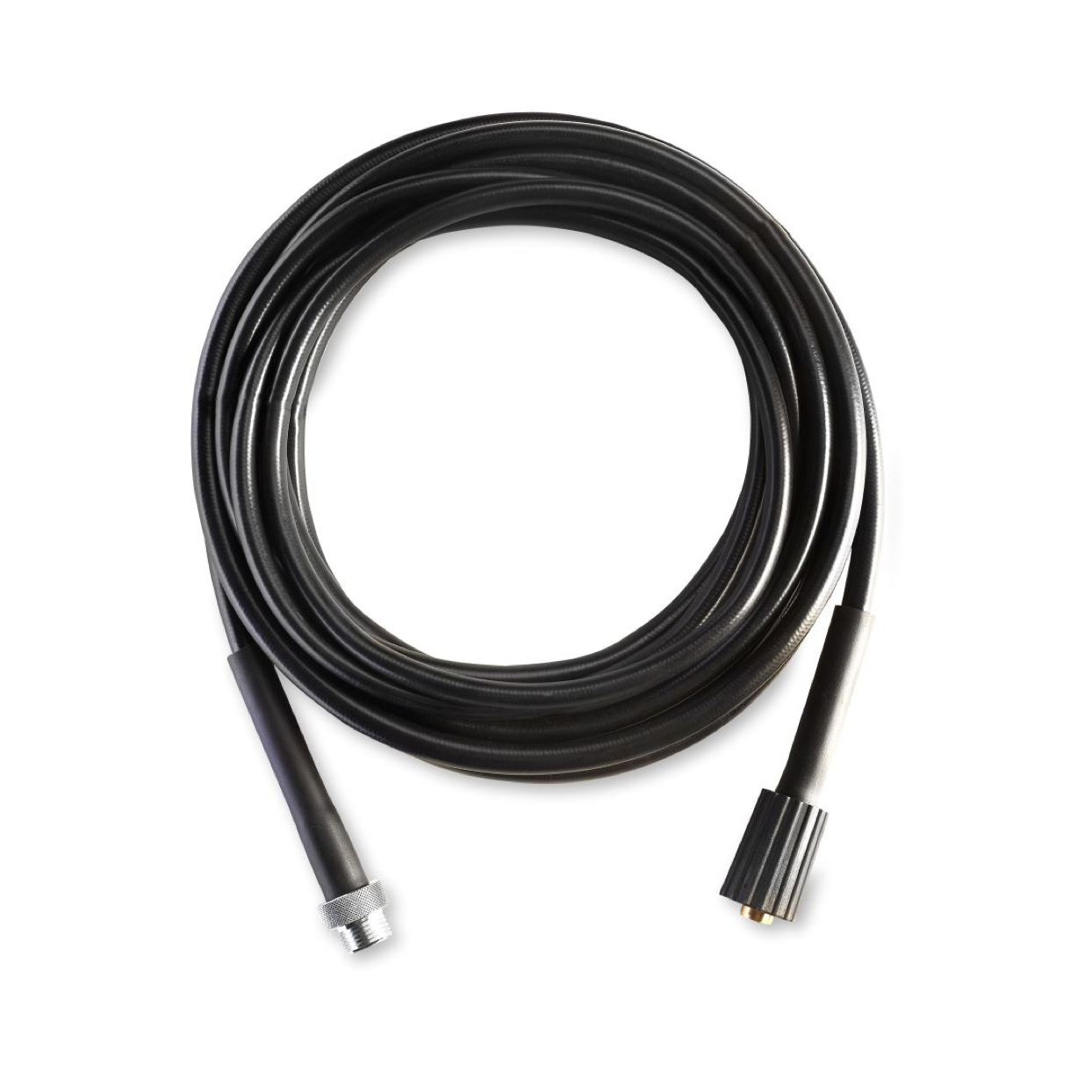 Black seven meter pressure washer extension hose for Compact pressure washers with metal and plastic fittings.