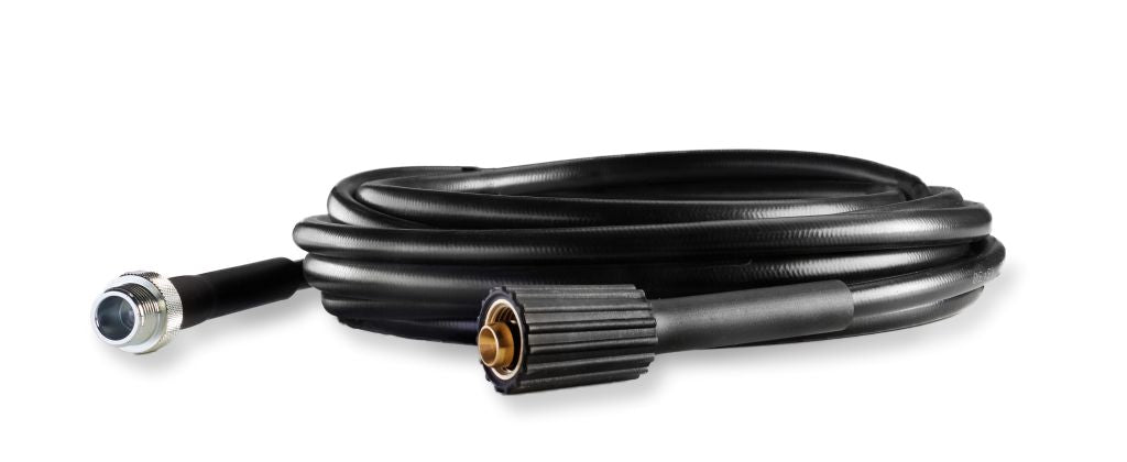 Black pressure washer hose by Compact for high pressure washers with coiled form and metal connectors.

