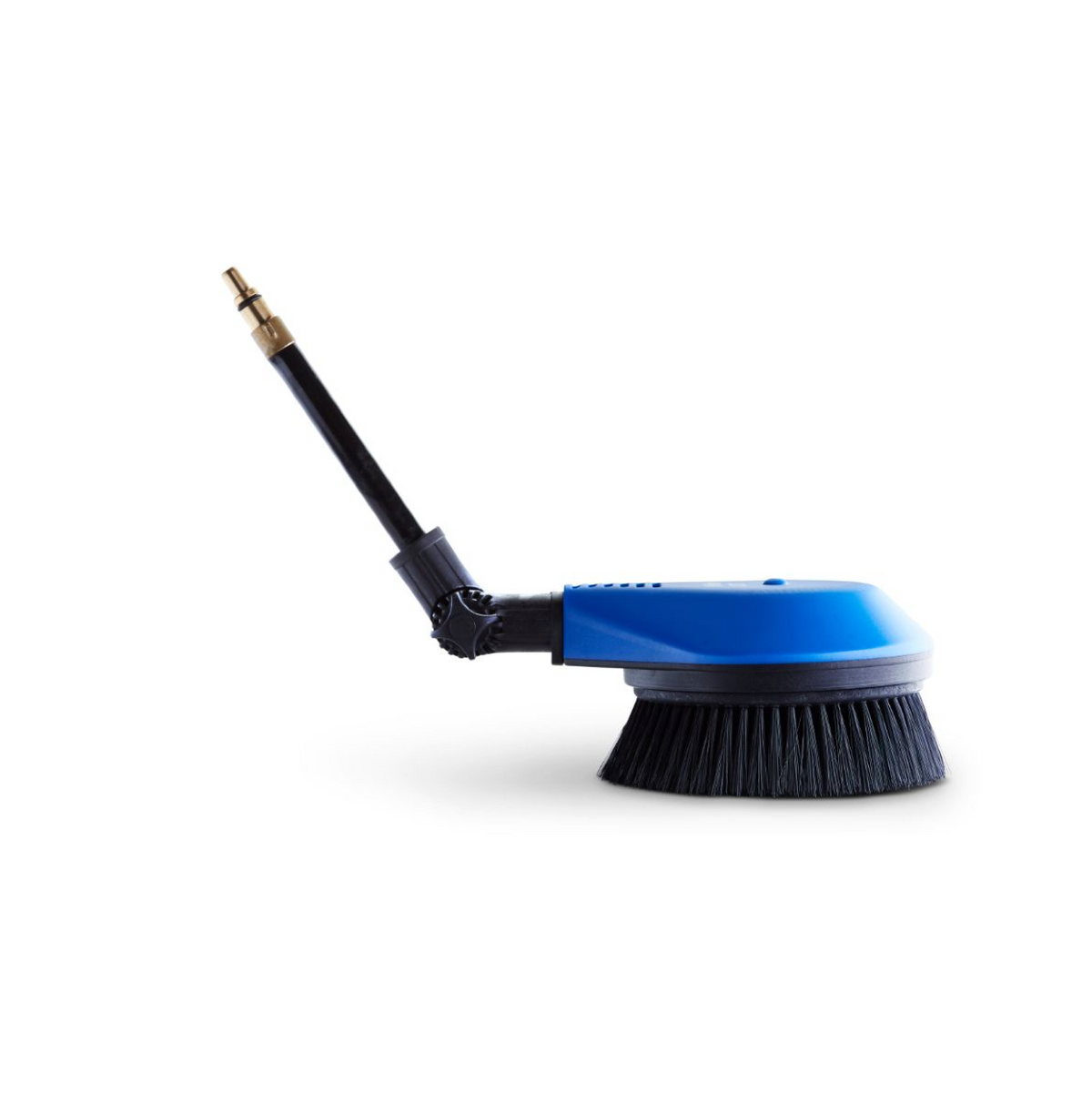 Blue and black rotating brush with flexible tube for pressure washers, featuring a brass connector.