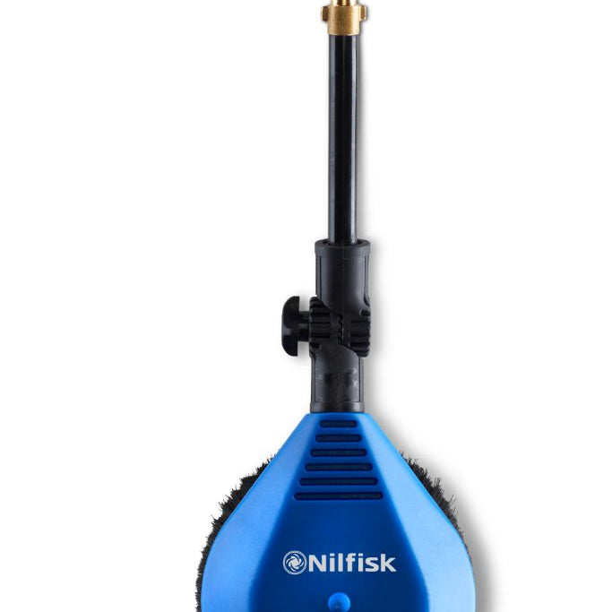 Blue rotating brush with flexible tube for high-pressure washers by Nilfisk, featuring black bristles and a brass nozzle.
