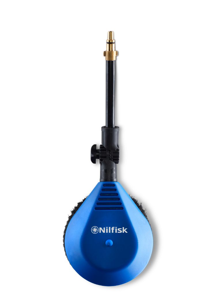 Blue rotating brush with flexible tube for high-pressure washers by Nilfisk, featuring black bristles and a brass nozzle.

