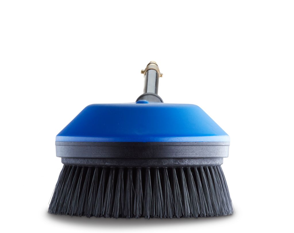 Rotating brush with flexible tube for pressure washers, featuring blue and black plastic elements.
