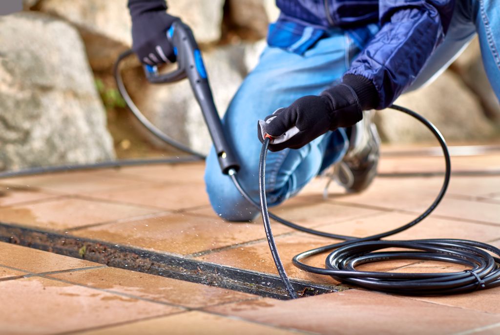High-pressure cleaner accessory kit by ES DIY for Core 140 high-pressure washers, used to clean a sewer drain.
