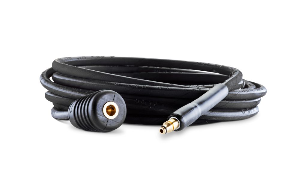 Black 7m steel-armed high pressure washer hose coiled with fitting ends.